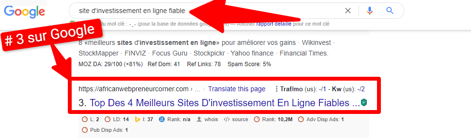 resultats de ranking sur Google